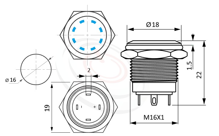 MP16-4MS Series 尺寸圖,標示產品: Φ16mm短款小型、多點環型燈、平面、多點環型燈、無段復位、SPST、環形多點LED防水帶燈按鍵的外型尺寸。| MP16TECH鉑達 提供各種 metal button switch專業服務。