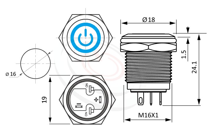 MP16-4ZQ Series 尺寸圖,標示產品: Φ16mm短款小型、自鎖、平柄、字符+環形燈、自鎖、NO接點、啟動符號防水金屬開關的外型尺寸。| MP16TECH鉑達 提供各種 metal button switch專業服務。