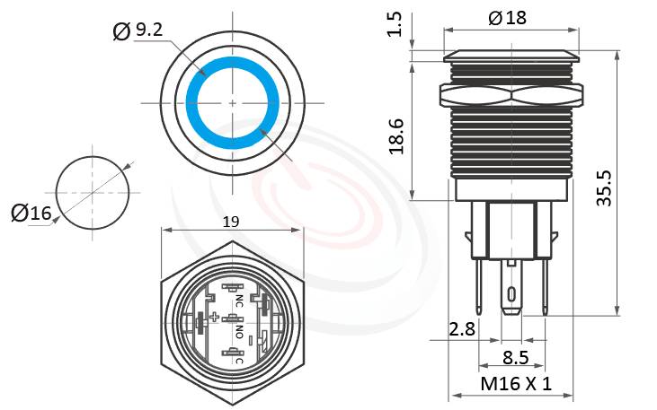 MP16-5MF Series 尺寸圖,標示產品: Φ16mm復歸回彈、環型燈、平頭、Ring、自復回彈、SPDT、圓型光圈金屬帶燈開關的外型尺寸。| MP16TECH鉑達 提供各種 Vandal Resistant Switches專業服務。