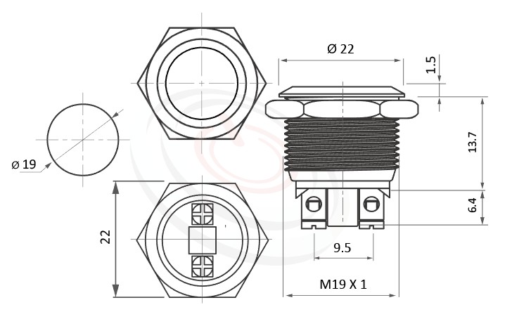 MP19-2MFL Series 尺寸圖,標示產品: Φ19mm螺絲柱、小型短款、平形、無燈、復位無段、常開1NO、無燈防水LED按鍵的外型尺寸。| MP16TECH鉑達 提供各種 metal button switch專業服務。