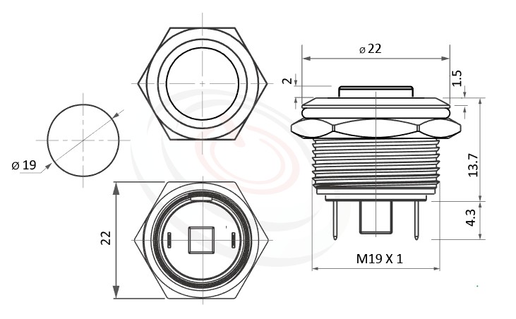 MP19-2MK Series 尺寸圖,標示產品: Φ19mm短柄、高平圓形、高平面、無燈、自動復歸、SPST-NO、無燈金屬開關的外型尺寸。| MP16TECH鉑達 提供各種 Waterproof Switch專業服務。