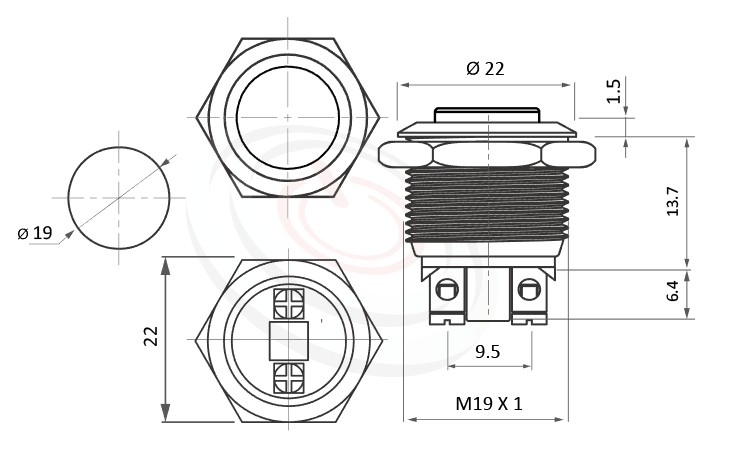 MP19-2MKL Series 尺寸圖,標示產品: Φ19mm螺絲柱、高柄、高平圓形、無燈、無段復位、SPST、不帶燈金屬按鈕的外型尺寸。| MP16TECH鉑達 提供各種 Waterproof metal push button switch專業服務。