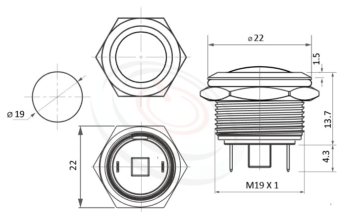 MP19-2MR Series 尺寸圖,標示產品: Φ19mm短柄短款、球柄、球型、不帶燈、自復回彈、常開1NO、無燈防水開關的外型尺寸。| MP16TECH鉑達 提供各種 Waterproof metal pushbutton專業服務。