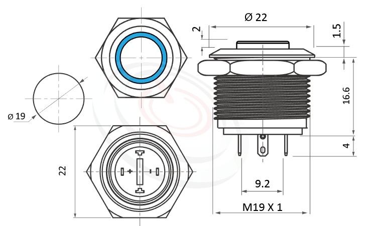 MP19-4MH Series 尺寸圖,標示產品: Φ19mm短柄、高柄、高平面、圓型燈、復位無段、SPST-NO、Ring帶燈防水開關的外型尺寸。| MP16TECH鉑達 提供各種 Vandal Resistant Switches專業服務。