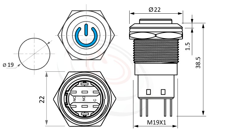 MP19-5ME Series 尺寸圖,標示產品: Φ19mm復歸回彈、高圓形、高平面、電源logo、無鎖復歸、SPDT、電源符號燈防水帶燈開關的外型尺寸。| MP16TECH鉑達 提供各種 Waterproof Switch專業服務。