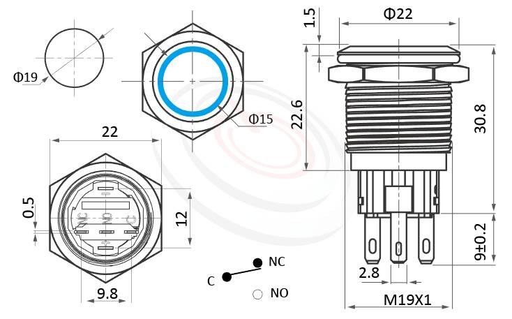 MP19-5MF Series 尺寸圖,標示產品: Φ19mm無段復位、圓型燈、平柄、Ring illuminated、復歸自復位、SPDT、環型LED金屬帶燈開關的外型尺寸。| MP16TECH鉑達 提供各種 metal pushbutton switches專業服務。