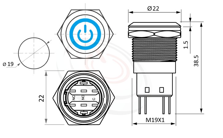 MP19-5MQ Series 尺寸圖,標示產品: Φ19mm瞬切回彈、啟動符號、平圓形、電源啟動符號、復歸自復位、SPDT、電源符號+環形帶燈防水開關的外型尺寸。| MP16TECH鉑達 提供各種 Waterproof Switch專業服務。