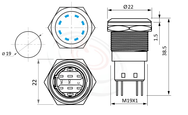 MP19-5MS Series 尺寸圖,標示產品: Φ19mm無鎖復位、多種應用、平面、多點環型燈、自復回彈、SPDT、多點環形燈金屬帶燈按鈕的外型尺寸。| MP16TECH鉑達 提供各種 Vandal Resistant Switches專業服務。