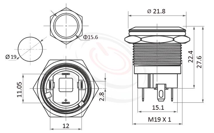 MP19S-4ZF Series 尺寸圖,標示產品: Φ19mm短柄短款、有鎖兩段式、平圓型、Ring、自鎖、一組A接點、環型燈防水帶燈按鈕的外型尺寸。| MP16TECH鉑達 提供各種 Waterproof metal pushbutton專業服務。