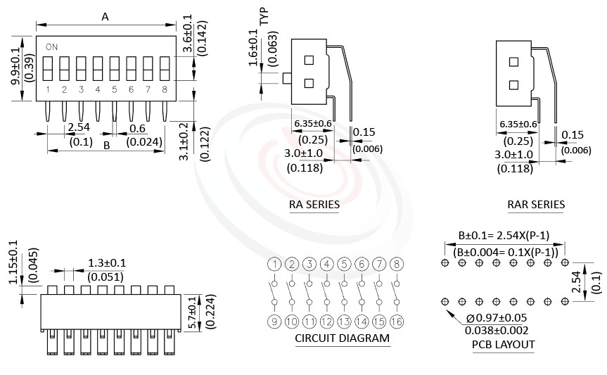 DIP-RA 尺寸圖, 面板尺寸Pitch 2.54mm,指撥開關DIP Switch ,Pitch 2.54mm,01~12 Positions ,DIP