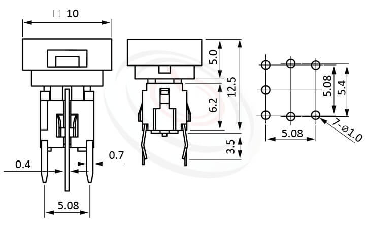 PB-520-3T系列 尺寸圖 輕觸帶燈開關Illuminated Switch ,10x10 正方形鍵帽 ,尺寸 6x6,版上高度14.2mm ,方形鍵帽,立式,DIP ,7PIN,layout 5.08,5.4