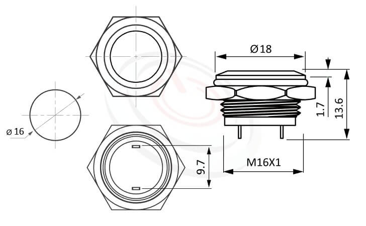 MP16T-2MF Series 尺寸圖,標示產品: Φ16mm薄型、復位無段、平柄、不帶燈、無段復位、一組A接點、不帶燈金屬開關的外型尺寸。| MP16TECH鉑達 提供各種 anti-vandal Switches專業服務。