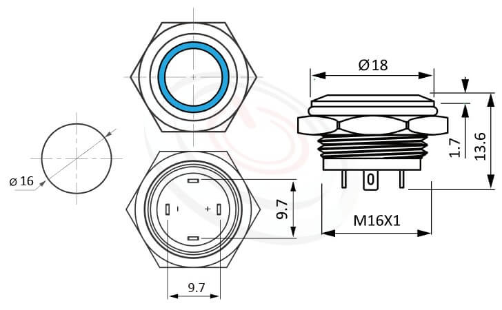 MP16T-4MF Series 尺寸圖,標示產品: Φ16mm極短款、Ring illuminated、平柄、Ring illuminated、復歸回彈、SPST-NO、圓型燈防水帶燈按鍵的外型尺寸。| MP16TECH鉑達 提供各種 metal pushbutton switches專業服務。