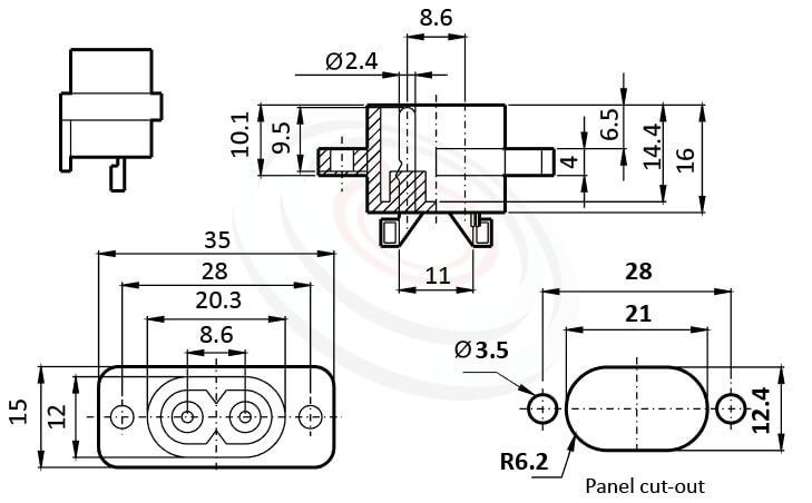 JR-201-AC 尺寸圖 AC電源插座AC INLET ,2PIN焊線端子,180度,IEC 60320 C8,8字型,螺絲鎖付,AC-017 DB-8 R-201A,AC INLET,安規VDE,CCC,UL,cUL,ENEC,