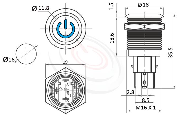 MP16-5MPX Series 尺寸圖,標示產品: Φ16mm黑色外殼防水按鈕、電源符號燈、平柄、啟動符號、自復回彈、SPDT、電源符號燈金屬帶燈按鈕的外型尺寸。| MP16TECH鉑達 提供各種 Waterproof metal pushbutton專業服務。