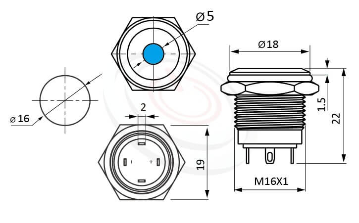 MP16-4MA Series 尺寸圖,標示產品: Φ16mm短款、自復回彈、平頭、Dot LED、復歸自復位、SPST-NO、圓點燈防水帶燈開關的外型尺寸。| MP16TECH鉑達 提供各種 Waterproof metal pushbutton專業服務。