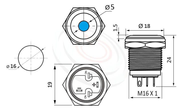 MP16-4ZA Series 尺寸圖,標示產品: Φ16mm短款、自保持、平柄、點狀LED、自鎖型、SPST,1NO、單點型LED防水金屬開關的外型尺寸。| MP16TECH鉑達 提供各種 anti-vandal Switches專業服務。