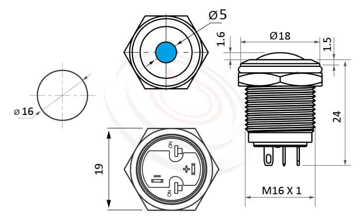 MP16-4ZD Series 尺寸圖,標示產品: Φ16mm短款、自保持、弧面、單點狀燈、有段、NO接點、單點LED防水LED按鍵的外型尺寸。| MP16TECH鉑達 提供各種 Waterproof metal pushbutton專業服務。