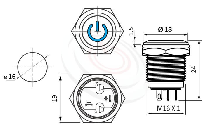 MP16-4ZP Series 尺寸圖,標示產品: Φ16mm小型短柄、自保持、平鈕、電源符號燈、有段、SPST,1NO、IO符號燈帶燈防水開關的外型尺寸。| MP16TECH鉑達 提供各種 Waterproof metal pushbutton專業服務。