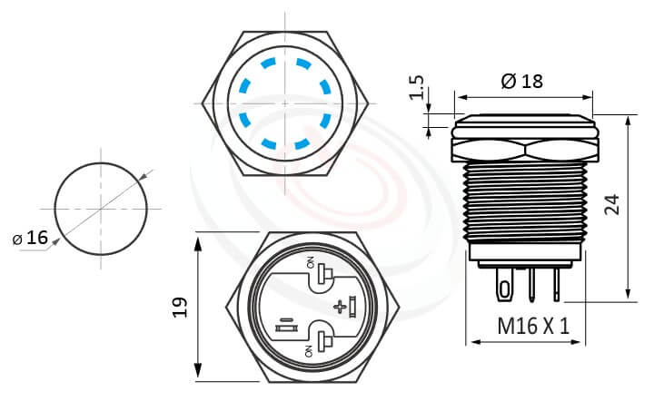 MP16-4ZS Series 尺寸圖,標示產品: Φ16mm短款小型、自保持、平頭、多點環型燈、自鎖、1NO、多點環型燈防水帶燈按鈕的外型尺寸。| MP16TECH鉑達 提供各種 Vandal Resistant Switches專業服務。