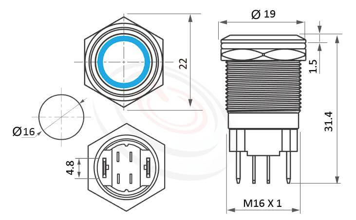 MP16H-4MF Series 尺寸圖,標示產品: Φ16mm大電流、自動復歸、Ring圓形燈、SPST、環型LED金屬帶燈按鈕的外型尺寸。| MP16TECH鉑達 提供各種 metal pushbutton switches專業服務。