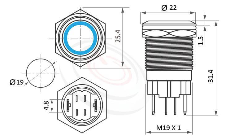 MP19H-4ZF Series 尺寸圖,標示產品: Φ19mm大電流、自鎖、平圓型、環型燈、自鎖、1NO常開接點、環狀燈金屬帶燈按鈕的外型尺寸。| MP16TECH鉑達 提供各種 metal push button switch專業服務。