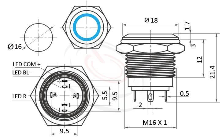 MP16E-5MFRB Series 尺寸圖,標示產品: Φ16mm雙色:紅綠、紅藍、小型短款、平頭、環型LED、自動復歸、NO接點、Ring防水帶燈按鍵的外型尺寸。| MP16TECH鉑達 提供各種 waterproof pushbutton專業服務。