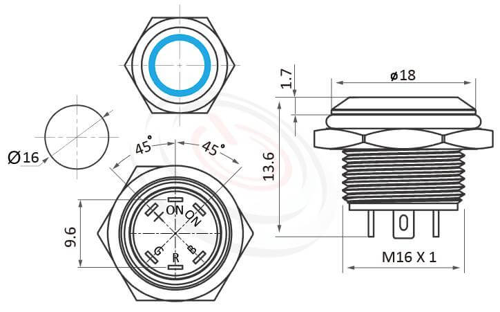 MP16T-5MF Series 尺寸圖,標示產品: Φ16mm超短款、RG、 RB雙色、平形、環型LED、無段復位、NO接點、Ring Illuminated防水金屬開關的外型尺寸。| MP16TECH鉑達 提供各種 metal button switch專業服務。