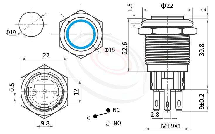 MP19-5MH Series 尺寸圖,標示產品: Φ19mm無段復位、高頭、高圓形、環型LED、無鎖復位、1NO1NC1COM、環狀燈防水帶燈按鈕的外型尺寸。| MP16TECH鉑達 提供各種 metal pushbutton switches專業服務。