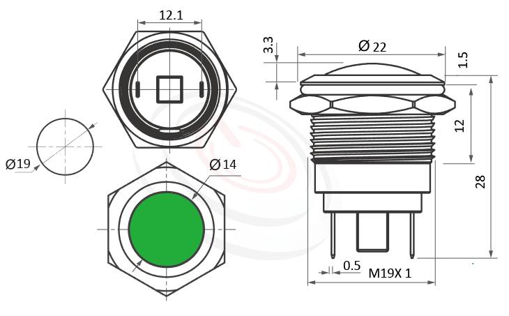 ML19-2AD Series概略尺寸圖,標示防水指示燈的外型長度,信號燈 指示燈 metal LED Pilot Lamp,弧柄LED 指示燈,可客製/雷雕按鍵圖案