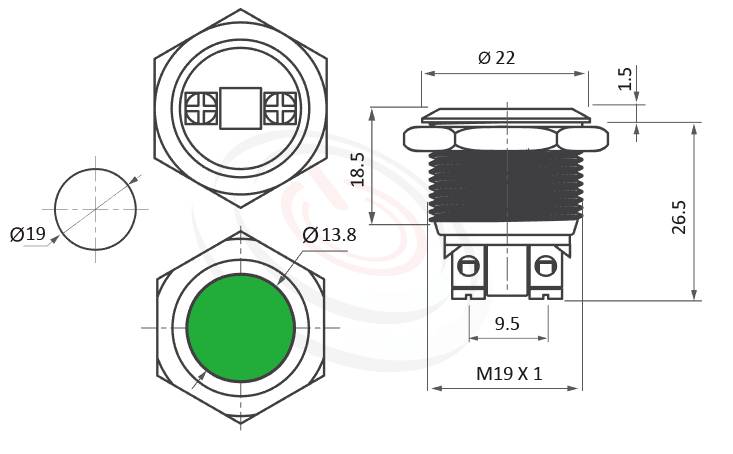 ML19-2ARL Series概略尺寸圖,標示防水指示燈的外型長度,信號燈 指示燈 metal LED Pilot Lamp,弧面LED 指示燈,信號指示燈,防水指示燈,鎖螺絲,2pin,給客戶驚豔的第一吸睛印象
