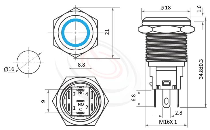 MP16F-5MF Series 尺寸圖,標示產品: Φ16mm黃銅材質、圓型光圈、平圓形、環型LED、自復回彈、1NO1NC1COM、環狀燈防水帶燈按鍵的外型尺寸。| MP16TECH鉑達 提供各種 Waterproof metal pushbutton專業服務。