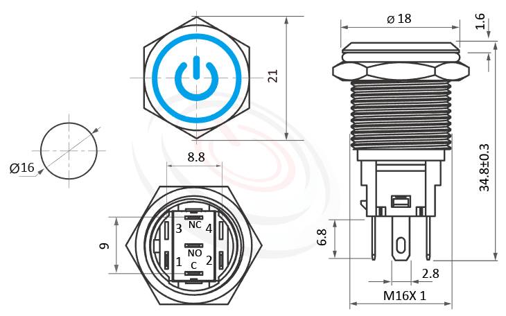 MP16F-5MQ Series 尺寸圖,標示產品: Φ16mm黃銅電鍍外殼、環形+電源燈、平柄、電源符號燈、無段復位、SPDT、電源符號加環形燈防水帶燈按鈕的外型尺寸。| MP16TECH鉑達 提供各種 Waterproof Switch專業服務。