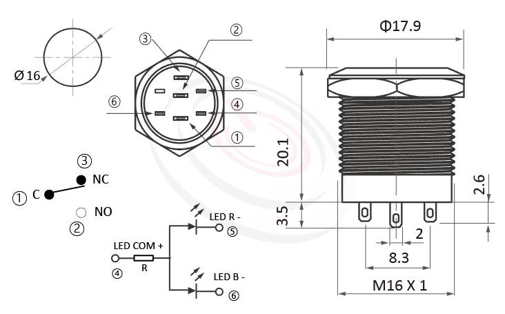 MP16S-6ZFRB Series 尺寸圖,標示產品: Φ16mm小型短款、雙色-紅藍、紅綠、環形燈、有鎖、1NO1NC1COM、Ring illuminated防水帶燈開關的外型尺寸。| MP16TECH鉑達 提供各種 Waterproof metal push button switch專業服務。