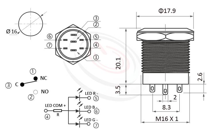 MP16S-7ZFRGB Series 尺寸圖,標示產品: Φ16mm短款小型、RGB 三色LED,共負極/共正極、平頭、環型燈、有鎖、SPDT、Ring illuminated防水帶燈開關的外型尺寸。| MP16TECH鉑達 提供各種 metal pushbutton switches專業服務。