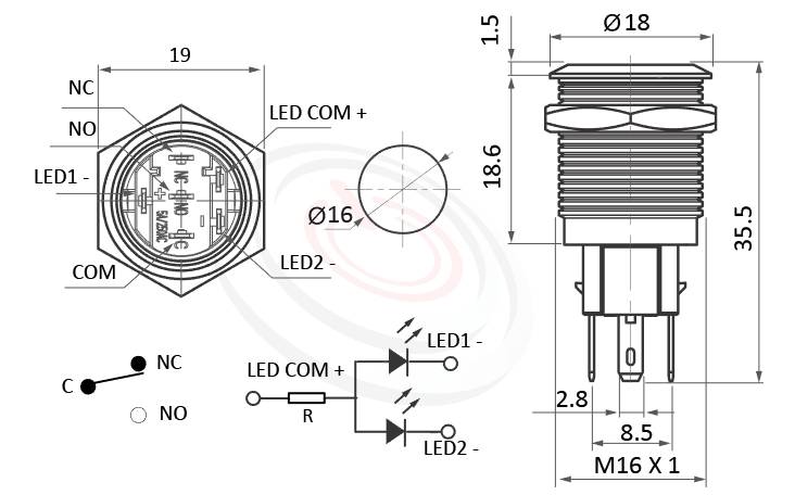 MP16-6MF Series 尺寸圖,標示產品: Φ16mm雙色-紅藍、紅綠、Ring illuminated、平鈕、Ring Illuminated、復歸回彈、SPDT-NO/NC、環型LED帶燈防水開關的外型尺寸。| MP16TECH鉑達 提供各種 metal push button switch專業服務。