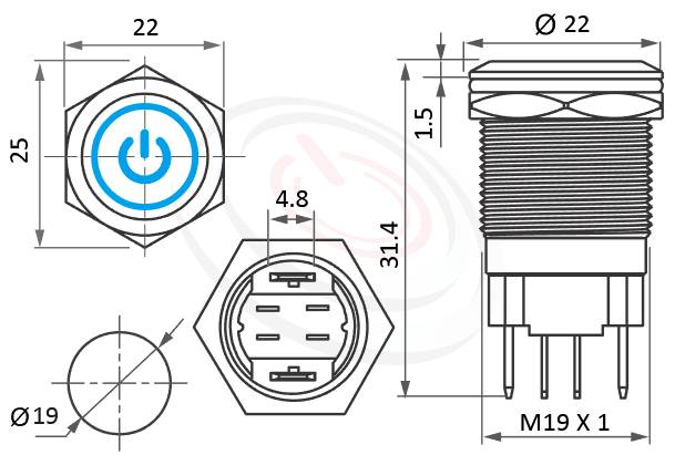 MP19H-4MQ Series 尺寸圖,標示產品: Φ19mm大安培數接點、圓形＋電源符號燈、平型、字符+環形燈、瞬切回彈、SPST,1NO、電源符號燈防水帶燈按鈕的外型尺寸。| MP16TECH鉑達 提供各種 waterproof pushbutton專業服務。