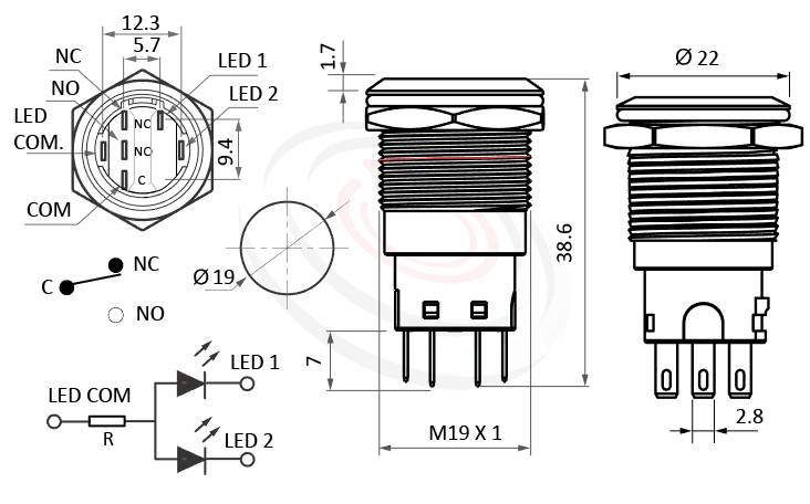 MP19-6MF Series 尺寸圖,標示產品: Φ19mm雙色-紅藍、紅綠、復歸回彈、平形、Ring Illuminated、無鎖復位、1NO1NC1COM、圓型光圈防水按鈕開關的外型尺寸。| MP16TECH鉑達 提供各種 metal push button switch專業服務。