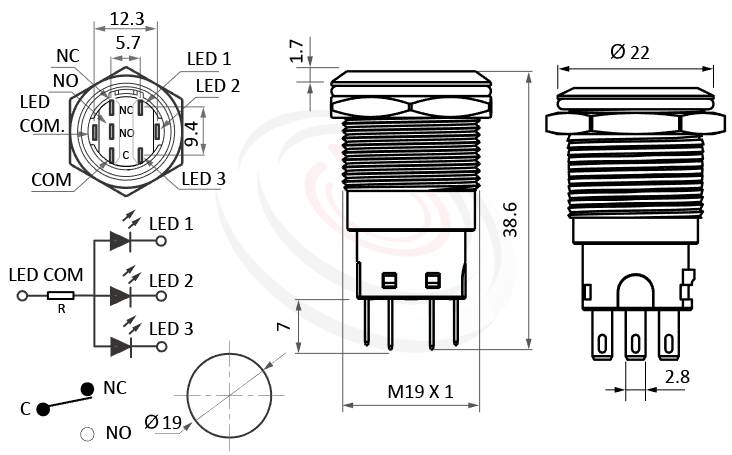 MP19-7MF Series 尺寸圖,標示產品: Φ19mm紅綠藍三色,共陰/共陽極、無段復位、平圓型、圓型燈、復歸回彈、1NO1NC1COM、環型LED防水按鈕開關的外型尺寸。| MP16TECH鉑達 提供各種 Waterproof Switch專業服務。