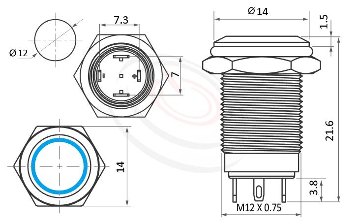 MP12-4MF Series 長度/尺寸圖,標示產品: Φ12mm,LED燈天使眼開關,防水按鈕開關的外型尺寸,藉由圖片迅速確認產品外型尺寸。 MP12-4MF規格包含: Φ12mm,,縮短型,天使眼開關,LED金屬防水按鈕,燈壓5V 6V 12V 24V 110V 220V可選擇,平面環狀LED帶燈,自動復歸,1NO一組常開接點,堅固材質: 外殼金屬,不鏽鋼,白鐵不銹鋼。鉑達提供防水按鍵押扣按鈕,Waterproof Switch,metal push button switch, metal button switch專業的產品服務。
