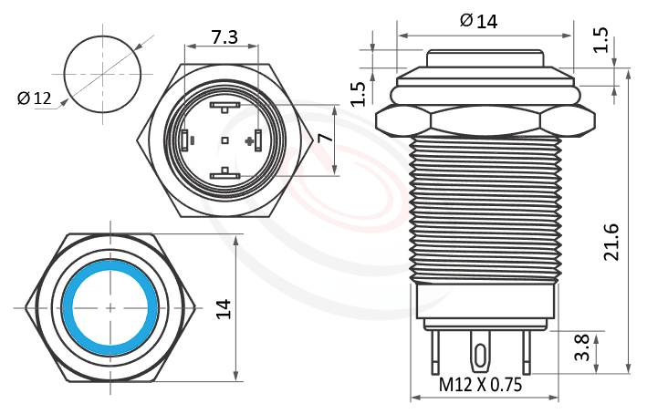 MP12-4MH Series 長度/尺寸圖,標示產品: Φ12mm,LED燈天使眼開關,防水按鈕開關的外型尺寸,圖片用來確認零件適用程度。 MP12-4MH規格包含: Φ12mm,,短柄小型,天使眼開關,LED金屬防水按鈕,LED燈壓5V 6V 12V 24V 110V 220V可選擇,高平面LED燈天使眼開關,復歸自復位,一組A接點,堅固材質: 黃銅鍍鎳,白鐵不鏽鋼,鋁合金。鉑達提供控制按鈕開關 押扣開關,metal push button switch,Waterproof Switch, metal button switch專業的產品服務。