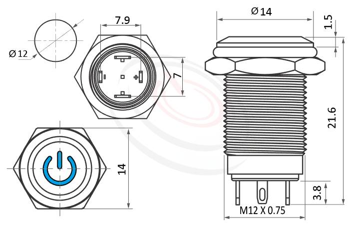 MP12-4MP Series 長度/尺寸圖,標示產品: Φ12mm,帶燈啟動符號LED燈,金屬防水開關的外型尺寸,立即從圖片確認是否符合需求。 MP12-4MP規格包含: Φ12mm,,短款,小型化,帶燈LED金屬按鈕,防水天使眼開關,平面電源開機符號LED燈,復歸回彈,NO接點,堅固材質: 鋁合金,不鏽鋼白鐵,黃銅。鉑達提供防水按鍵押扣按鈕,Waterproof Switch,metal push button switch, metal button switch專業的產品服務。