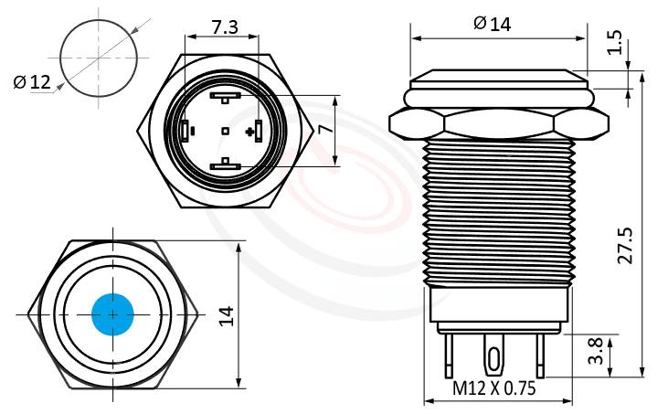 MP12-4ZA Series 長度/尺寸圖,標示產品: Φ12mm,自鎖單點狀LED燈,金屬按鈕開關的外型尺寸,由圖片迅速確認零件概略尺寸。 MP12-4ZA規格包含: Φ12mm,,小型短柄,天使眼金屬按鍵按鈕開關,LED燈壓5V 6V 12V 24V 110V 220V,平面圓點型LED燈,帶鎖,1NO一組常開接點,堅固材質: SUS不鏽鋼,黃銅,鋁殼。鉑達提供不鏽鋼防水金屬按鍵開關,anti-vandal Resistant Switches,waterproof switch, metal button switch專業的產品服務。
