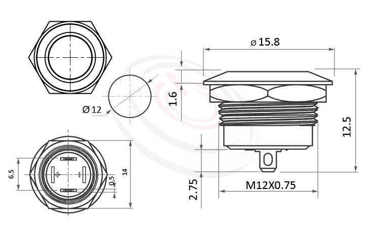 MP12K-2MF Series 長度/尺寸圖,標示產品: Φ12mm,不帶燈,金屬防水按鈕的外型尺寸,立即從圖片確認是否符合需求。 MP12K-2MF規格包含: Φ12mm,,超薄、超扁、超短型,平面不帶燈,瞬切回彈,常開接點,堅固材質: SUS白鐵,鋁合金,金屬外殼。鉑達提供金屬按鍵壓扣按鈕,metal push button switch, metal button switch專業的產品服務。