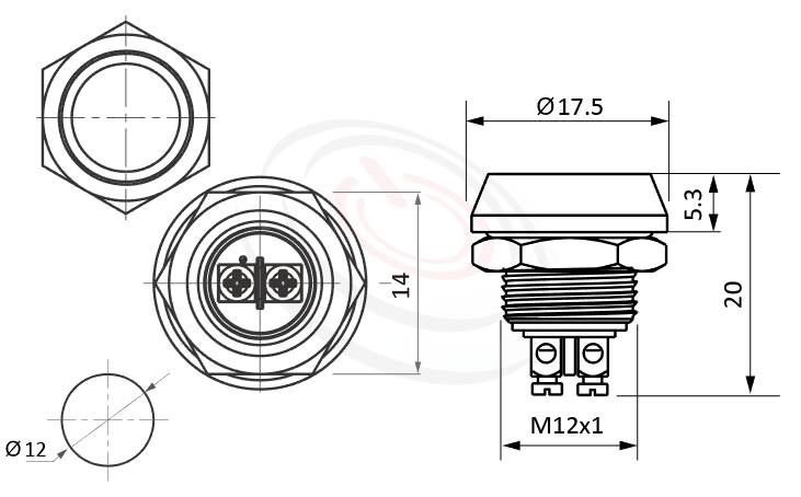 MP12R-2MFL Series 長度/尺寸圖,標示產品: Φ12mm,不帶燈,金屬按鈕開關的外型尺寸,立即從圖片確認是否符合需求。 MP12R-2MFL規格包含: Φ12mm,,鎖螺絲款,短柄短款,平面不帶燈,無鎖復位,一組A接點,堅固材質: 鋁機殼,陽極處理外殼,不銹鋼金屬殼。鉑達提供防水金屬按鈕,電源金屬按鍵,Vandal Resistant Switches,metal switch,waterproof pushbutton專業的產品服務。