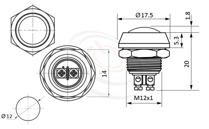MP12R-2MRL Series 長度/尺寸圖,標示產品: Φ12mm,不帶燈,防水金屬開關的外型尺寸,產品尺寸在圖片中一目了然。 MP12R-2MRL規格包含: Φ12mm,,接線柱,短按鈕,球面不帶燈,無鎖復歸,常開1NO,堅固材質: 白鐵不鏽鋼SUS,金屬外殼。鉑達提供防水按鍵押扣按鈕,Waterproof Switch,metal push button switch, metal button switch專業的產品服務。