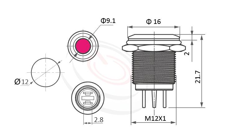 ML12-2ARJ Series 長度/尺寸圖,標示產品: Φ12mm,耐撞堅固可靠金屬信號燈的外型尺寸,可藉由圖片確認尺寸是否適用。 ML12-2ARJ規格包含: Φ12mm,,Φ5.5加大面積發光點,可選擇透明霧面燈罩,堅固材質: 白鐵不鏽鋼SUS,金屬外殼。鉑達提供防水防塵高強度金屬指示燈專業的產品服務。