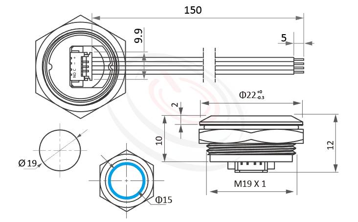MP19T-4MFL Series 長度/尺寸圖,標示產品: Φ19mm,圓型天使眼LED燈,引線式防水金屬按鍵的外型尺寸,從圖片輕鬆確認零件外觀尺寸。 MP19T-4MFL規格包含: Φ19mm,,直接出線,超短款,迷你型,高度縮短,平面環狀LED帶燈,無鎖復歸,1NO常開接點,堅固材質: 不鏽鋼,黃銅鍍鎳,鋁合金。鉑達提供防破壞防暴開關Vandal Resistant Switches, metal button switch金屬不鏽鋼按鍵專業的產品服務。