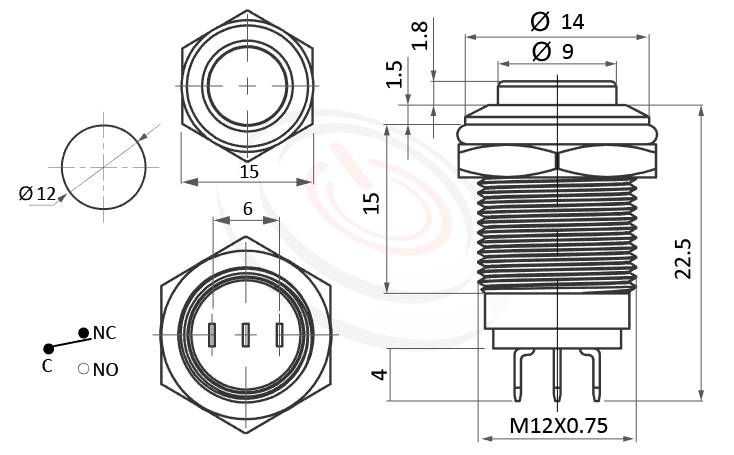 MP12G-3ZK Series 長度/尺寸圖,標示產品: Φ12mm,一組b接點NC接點,高平面不帶燈,兩段式帶鎖,1NO1NC1COM,不帶燈,金屬電源開關的外型尺寸,立即從圖片確認是否符合需求。鉑達提供防破壞防暴開關Vandal Resistant Switches, metal button switch金屬不鏽鋼按鍵專業的產品服務。