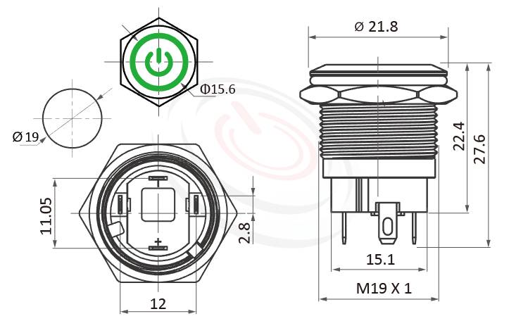 MP19S-4ZQ Series 尺寸圖,標示產品: Φ19mm小型短款、自鎖型、平柄、圓形＋電源符號燈、有段、SPST,1NO、電源符號加環形燈帶燈防水開關的外型尺寸。| MP16TECH鉑達 提供各種 Waterproof metal pushbutton專業服務。